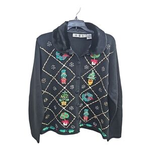 OHI Vintage Christmas Embroidered Cardigan Faux Fur Collar Button Front Size XL